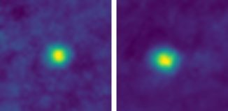 Mit diesen Falschfarbenbildern der Kuipergürtelobjekte 2012 HZ84 (links) and 2012 HE85 (rechts) stellte die Raumsonde New Horizons einen neuen Entfernungsrekord auf. (Credits: NASA / JHUAPL / SwRI)