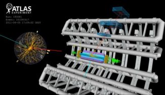 Diese Illustration zeigt ein Kandidatenereignis für den Zerfall eines W-Bosons in ein Myon und ein Neutrino, das vom ATLAS-Detektor bei Proton-Proton-Kollisionen mit einer Kollisionsenergie von 7 TeV aufgezeichnet wurde.(Credit: Image: CERN)