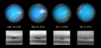 Bilderserie des dunklen Flecks SDS-2015 auf Neptun. (Credit: NASA, ESA, and M.H. Wong and A.I. Hsu (UC Berkeley))