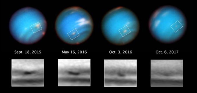 Bilderserie des dunklen Flecks SDS-2015 auf Neptun. (Credit: NASA, ESA, and M.H. Wong and A.I. Hsu (UC Berkeley))