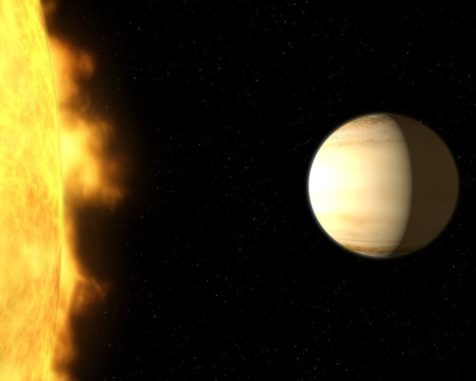 Künstlerische Darstellung des Exoplaneten WASP-39b neben seinem Zentralstern. (Credits: NASA, ESA, and G. Bacon (STScI))
