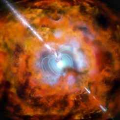 Künstlerische Darstellung einer superleuchtkräftigen Supernova und eines damit einhergehenden Gammablitzes. (Credits: ESO)