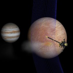 Künstlerische Darstellung von Jupiter (hinten) und Europa (vorne) mit der Raumsonde Galileo nach ihrem Flug durch eine Gasfahne, die von Europas Oberfläche entströmt. Die magnetischen Feldlinien (blau) zeigen, wie die Gasfahne mit dem Plasma von Jupiter interagiert. Die roten Bereiche auf den Linien zeigen dichteres Plasma an. (Credits: NASA / JPL-Caltech / Univ. of Michigan)