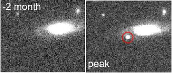 Vorher-Nachher-Bilder der rasch heller werdenden Supernova, die von der K2-Mission entdeckt wurde. (Credits: Rest et al. 2018 and DECam / CTIO 4-meter)