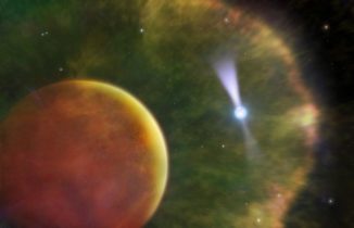 Künstlerische Darstellung des Pulsars PSR B1957+20 (hinten) mit seinem Begleiter (vorne). (Credits: Dr. Mark A. Garlick; Dunlap Institute for Astronomy & Astrophysics, University of Toronto)
