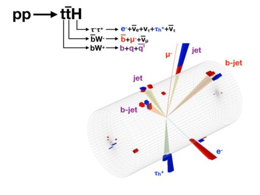 Ein Ereigniskandidat für die Produktion eines Top-Quarks und eines Top-Antiquarks in Verbindung mit einem Higgs-Boson im CMS-Experiment. Das Higgs-Boson zerfällt in ein Tau+-Lepton, das wiederum in Hadronen und Tau- zerfällt. Letzteres zerfällt in ein Elektron. Die Symbole der Zerfallsprodukte sind blau markiert. Das Top-Quark zerfällt in drei Strahlen aus leichteren Teilchen (violette Bezeichnungen). Das Top-Antiquark zerfällt in ein Myon und einen b-Jet (rote Bezeichnungen). (Credit: Image: CMS / CERN)