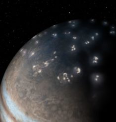 Künstlerische Darstellung der Blitzverteilung in Jupiters nördlicher Hemisphäre, basierend auf einer Aufnahme der JunoCam mit künstlerischen Verschönerungen. (Credits: NASA / JPL-Caltech / SwRI / JunoCam)