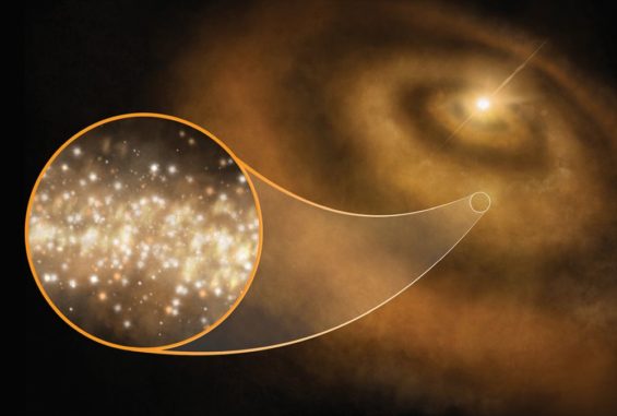 Künstlerische Darstellung von Nanodiamanten in der protoplanetaren Scheibe eines jungen Sterns in der Milchstraßen-Galaxie. (Credit: S. Dagnello, NRAO / AUI / NSF)