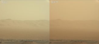 Vergleich zweier Aufnahmen des Marsrovers Curiosity. Sie demonstrieren die Zunahme des Staubs in der Atmosphäre binnen drei Tagen zwischen dem 7. Juni 2018 (links) und dem 10. Juni 2018 (rechts). (Credits: NASA / JPL-Caltech / MSSS)