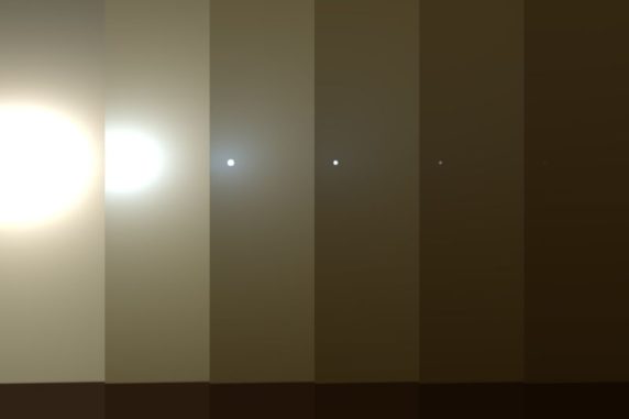 Simulierte Ansichten des Marshimmels mit der von dichter werdendem Staub verdunkelten Sonne am Standort von Opportunity. Das rechte Bild entspricht Opportunitys aktuellem Blick durch den Staubsturm. (Credits: NASA / JPL-Caltech / TAMU)