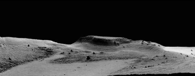 Ein isolierter Hügel in der Gesteinsformation Medusae Fossae auf dem Mars. Aufgrund seiner Stromlinienform ist der Effekt der Winderosion hier deutlich sichtbar. (Credit: High Resolution Stereo Camera / European Space Agency)