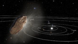 Diese Illustration zeigt das Objekt 'Oumuamua, wie es in die Randbereiche unseres Sonnensystems fliegt. (Credits: NASA / ESA / STScI)