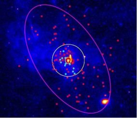 Chandra-Aufnahme der Zentralregion unserer Milchstraßen-Galaxie. Rote und hellblaue Kreise markieren Röntgenquellen, letztere mit Schwarzen Löchern als Komponenten. (Credits: NASA / Chandra)