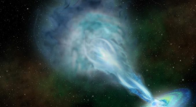 Künstlerische Darstellung eines Radiojets, der aus dem neu entdeckten Quasar herausschießt. (Credits: Artwork by Robin Dienel, courtesy of Carnegie Institution for Science) Künstlerische Darstellung eines Radiojets, der aus dem neu entdeckten Quasar herausschießt. (Credits: Artwork by Robin Dienel, courtesy of Carnegie Institution for Science)