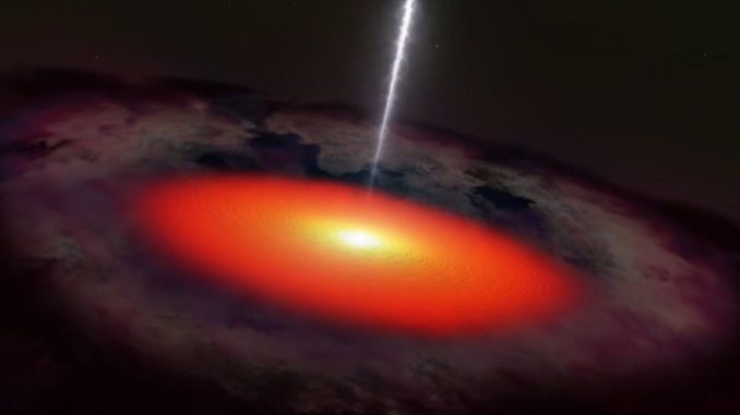 Künstlerische Darstellung eines supermassiven Schwarzen Lochs in einer fernen Galaxie – der Ursprungsort des kürzlich registrierten Neutrinos. (Credits: NASA’s Goddard Space Flight Center)
