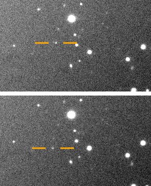 Der neu entdeckte Mond mit dem inoffiziellen Namen Valetudo, aufgenommen vom Magellan-Teleskop im Mai 2018. Er fällt durch seine geringe Bewegung vor dem Hintergrund der Fixsterne auf. Jupiter ist nicht auf dem Bild zu sehen, sondern befindet sich oben links außerhalb des Blickfeldes. (Credits: Magellan Telescope / Carnegie Institution for Science)