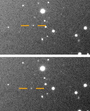 Der neu entdeckte Mond mit dem inoffiziellen Namen Valetudo, aufgenommen vom Magellan-Teleskop im Mai 2018. Er fällt durch seine geringe Bewegung vor dem Hintergrund der Fixsterne auf. Jupiter ist nicht auf dem Bild zu sehen, sondern befindet sich oben links außerhalb des Blickfeldes. (Credits: Magellan Telescope / Carnegie Institution for Science)