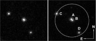 Hubble-Aufnahme einer Mikrogravitationslinse. Das Bild links wurde 3,7 Jahre nach einem Mikrogravitationslinsenereignis aufgenommen. Das rechte Bild entstand 8,9 Jahre nachdem die sich bewegende Mikrogravitationslinse im Vordergrund ihre Position verändert hatte. Die Linse und deren Komponenten (A und B) sind in dem späteren Bild klar aufgelöst. (Credit: NASA / Hubble)
