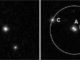 Hubble-Aufnahme einer Mikrogravitationslinse. Das Bild links wurde 3,7 Jahre nach einem Mikrogravitationslinsenereignis aufgenommen. Das rechte Bild entstand 8,9 Jahre nachdem die sich bewegende Mikrogravitationslinse im Vordergrund ihre Position verändert hatte. Die Linse und deren Komponenten (A und B) sind in dem späteren Bild klar aufgelöst. (Credit: NASA / Hubble)