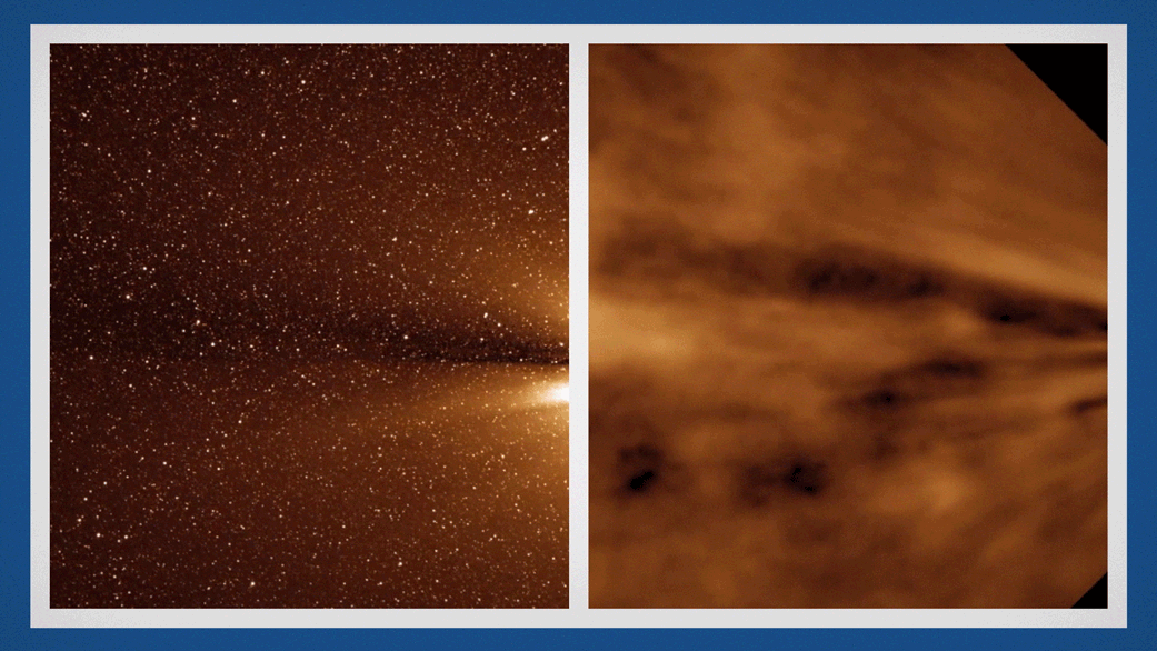 Ansichten des Sonnenwinds, basierend auf Daten der STEREO-Mission (links) und nach der Computerbearbeitung (rechts). (Credits: NASA’s Goddard Space Flight Center / Craig DeForest, SwRI)