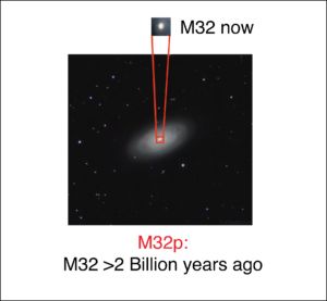 Diese Grafik zeigt unten die Galaxie M64. Sie dient als Beispiel dafür, wie die vermutete Vorgängergalaxie M32p ausgesehen haben könnte, bevor sie mit der Andromeda-Galaxie verschmolz und zur kompakten Galaxie M32 (oben) wurde. (Credits: University of Michigan)