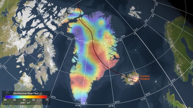 Darstellung des Wärmeflusses unter Grönland. Man erkennt eine thermale Spur, die sich diagonal durch Grönland zieht. (Credits: NASA's Scientific Visualization Studio; Blue Marble data courtesy of Reto Stockli (NASA Goddard))