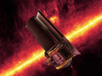 Diese künstlerische Darstellung zeigt das Weltraumteleskop Spitzer vor einem Bild der Milchstraßen-Ebene, das auf seinen Daten basiert. (Credits: NASA / JPL)