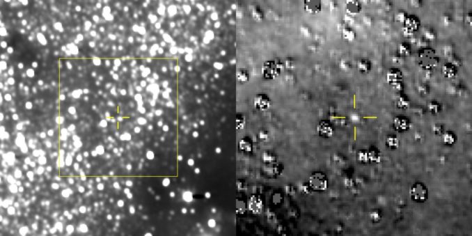 Das linke Bild ist ein Komposit aus 48 Aufnahmen der LORRI-Kamera. Die vorhergesagte Position von Ultima Thule ist im Zentrum des gelben Rahmens (markiert durch das Kreuz). Das Bild rechts ist ein vergrößerter und bearbeiteter Ausschnitt der Region innerhalb des gelben Rahmens und lässt Ultima Thule eindeutig erkennen. (Credits: NASA / JHUAPL / SwRI)
