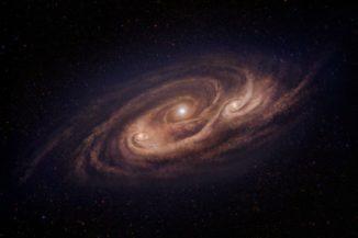 Künstlerische Darstellung der Galaxie COSMOS-AzTEC-1 mit den beiden beobachteten Molekülwolken abseits des Zentrums. (Credit: National Astronomical Observatory of Japan)