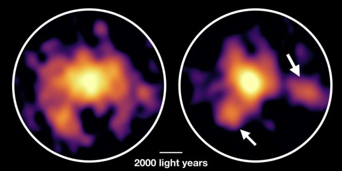 Die Galaxie COSMOS-AzTEC-1, basierend auf ALMA-Beobachtungen. Links ist die Verteilung des molekularen Gases zu sehen, rechts die der Staubteilchen. (Credits: ALMA (ESO / NAOJ / NRAO), Tadaki et al.)