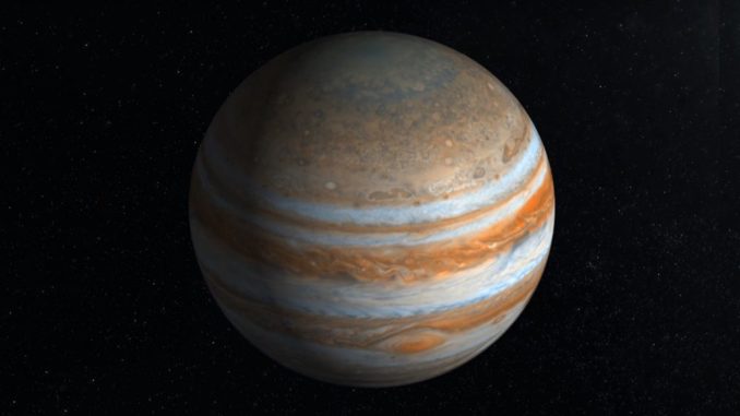 Künstlerische Darstellung Jupiters anhand Daten der Raumsonde Juno. (Credits: NASA / JPL / SwRI) Künstlerische Darstellung Jupiters anhand Daten der Raumsonde Juno. (Credits: NASA / JPL / SwRI)