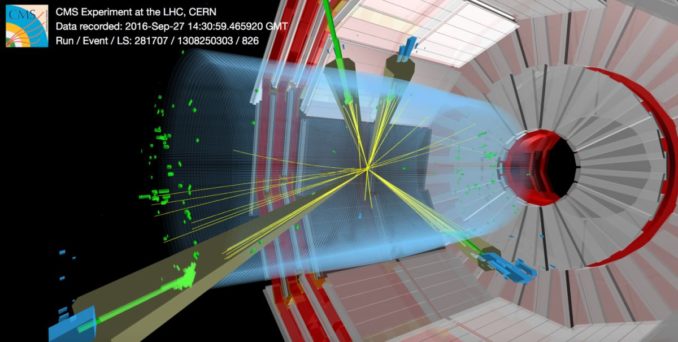 Schematische Grafik einer Proton-Proton-Kollision mit zwei Kandidaten für auftauchende Jets. (Credits: CMS / CERN)