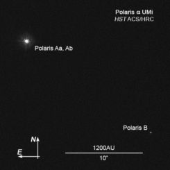 Das Dreifachsystem mit Polaris Aa, Polaris Ab und Polaris B, aufgenommen vom Weltraumteleskop Hubble. (Credits: NASA, ESA, N. Evans (Harvard-Smithsonian CfA), and H. Bond (STScI))