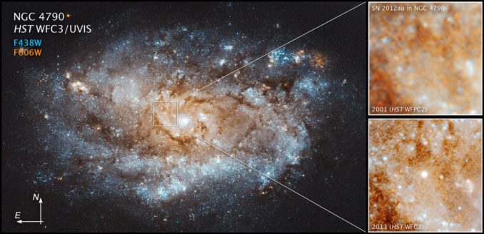 Hubble-Aufnahmen der Supernova SN 2012au in der Galaxie NGC 4790. (Credits: NASA, ESA, and J. DePasquale (STScI))