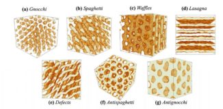 Schematische Darstellungen unterschiedlicher Strukturen in der nuklearen Pasta, die beim inneren Aufbau von Neutronensternen eine wichtige Rolle spielt. (Credits: McGill University)