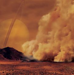 Künstlerische Darstellung eines Staubsturms auf dem Saturnmond Titan. (Credits: IPGP / Labex UnivEarthS / University Paris Diderot – C. Epitalon & S. Rodriguez)