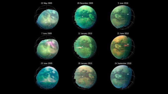 Diese Bilder stammen von neun Vorbeiflügen der Raumsonde Cassini an Titan in den Jahren 2009 und 2010. Sie zeigen drei Ereignisse, als plötzlich helle Flecken auf den Bildern des Visual and Infrared Mapping Spectrometer auftauchten. (Credits: NASA / JPL-Caltech / University of Arizona / University Paris Diderot / IPGP / S. Rodriguez et al. 2018)