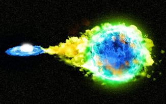 Künstlerische Darstellung eines Doppelsternsystems mit einem Weißen Zwerg (links), der Materie von einem Begleitstern (rechts) abzieht, bis er die Chandrasekhar-Grenze erreicht und als Typ-Ia-Supernova explodiert. (Credit: Kavli IPMU)