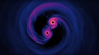 Screenshot aus dem unten eingebetteten Video der Simulation zweier einander umkreisender supermassiver Schwarzer Löcher. (Credits: NASA’s Goddard Space Flight Center)