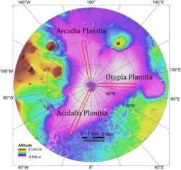 Diese Grafik zeigt die untersuchten Gebiete der nördlichen Polarebenen auf dem Mars als rot umrandete Kästchen. (Credits: Planetary Science Institute)