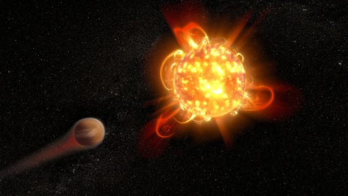Künstlerische Darstellung von Flares auf einem jungen roten Zwergstern, die die Atmosphäre eines nahen Planeten wegfegen. (Credits: NASA, ESA and D. Player (STScI))