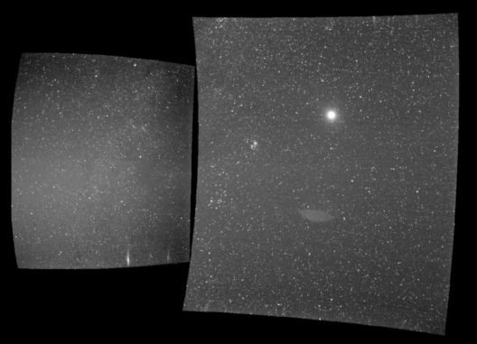Aufnahmen der beiden Teleskope des WISPR-Instruments an Bord der Parker Solar Probe. Der helle Fleck auf dem rechten Bild ist die Erde. (Credits: NASA / Naval Research Laboratory / Parker Solar Probe) Aufnahmen der beiden Teleskope des WISPR-Instruments an Bord der Parker Solar Probe. Der helle Fleck auf dem rechten Bild ist die Erde. (Credits: NASA / Naval Research Laboratory / Parker Solar Probe)