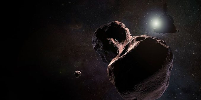 Illustration der Raumsonde New Horizons bei ihrer Begegnung mit dem Kuipergürtelobjekt Ultima Thule, 2014 MU69. (Credits: NASA / JHUAPL / SwRI)