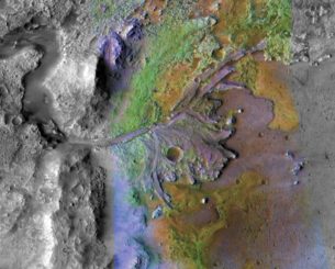 Das Deltasystem im Jezero-Krater ist das geplante Landegebiet der Mission Mars 2020, hier dargestellt anhand spektrometrischer Daten des Mars Reconnaissance Orbiter (MRO). (Credits: NASA / JPL / JHUAPL / MSSS / Brown University)