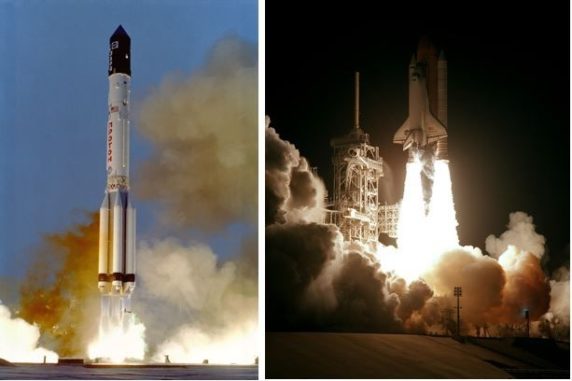 Links: Start des Zarya Functional Cargo Block vom Baikonur-Kosmodrom. Rechts: Start des Space Shuttle Endeavour vom Kennedy Space Center mit dem Modul Unity Node 1 an Bord. (Credits: NASA)