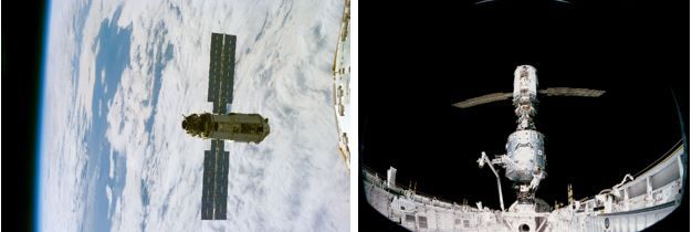 Links: Zarya, aufgenommen während der STS-88-Mission. Rechts: Die Kopplung von Zarya und Unity im Frachtraum des Space Shuttle. (Credits: NASA)