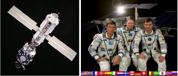 Links: Die ersten beiden Segmente der ISS, Unity Node 1 links und Zarya rechts. Rechts: Die erste Crew der ISS: Flugingenieur Sergey Krikalev, Kommandant William Shepard und Flugingenieur Yuri Gidzenko. (Credits: NASA)