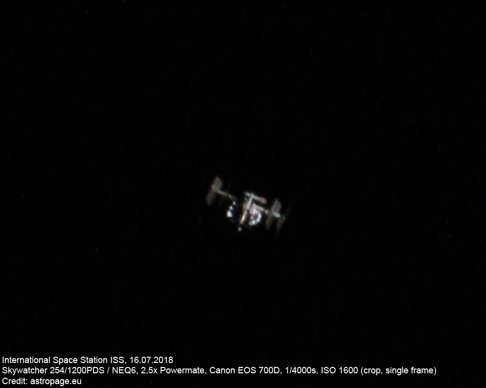 Die Internationale Raumstation ISS am 16. Juli 2018, aufgenommen mit einem Amateurteleskop. (Credits: astropage.eu)