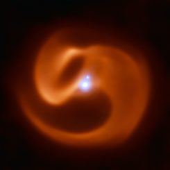 Dieses Bild basiert auf Daten des Very Large Telescope der Europäischen Südsternwarte in Chile. Es zeigt das neue System mit den beiden Sternen mit dem massereicheren im Zentrum und dem Begleiter ein Stück nordwestlich. Das massereichere Objekt selbst ist ebenfalls ein Doppelsternsystem, das hier nicht aufgelöst werden kann. Die Staubstruktur des Systems ist in rötlichen Farben dargestellt. (Credit: Photo Credit: University of Sydney / European Southern Observatory)