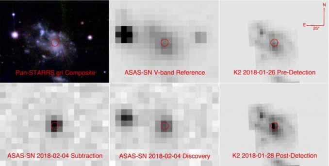 Sechs Bilder der Heimatgalaxie der Supernova ASASSN-18bt. Die obere Reihe zeigt die Galaxie vor der Explosion, die untere nach der Explosion. (Credit: The All-Sky Automated Survey for Supernovae (ASAS-SN) project, the Panoramic Survey Telescope and Rapid Response System (Pan-STARRS), and the NASA Kepler space telescope) Sechs Bilder der Heimatgalaxie der Supernova ASASSN-18bt. Die obere Reihe zeigt die Galaxie vor der Explosion, die untere nach der Explosion. (Credit: The All-Sky Automated Survey for Supernovae (ASAS-SN) project, the Panoramic Survey Telescope and Rapid Response System (Pan-STARRS), and the NASA Kepler space telescope)